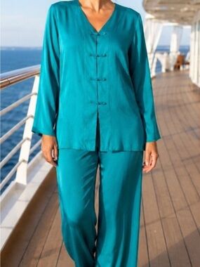 Anna And Frank Teal Satin Two-Piece Pantsuit